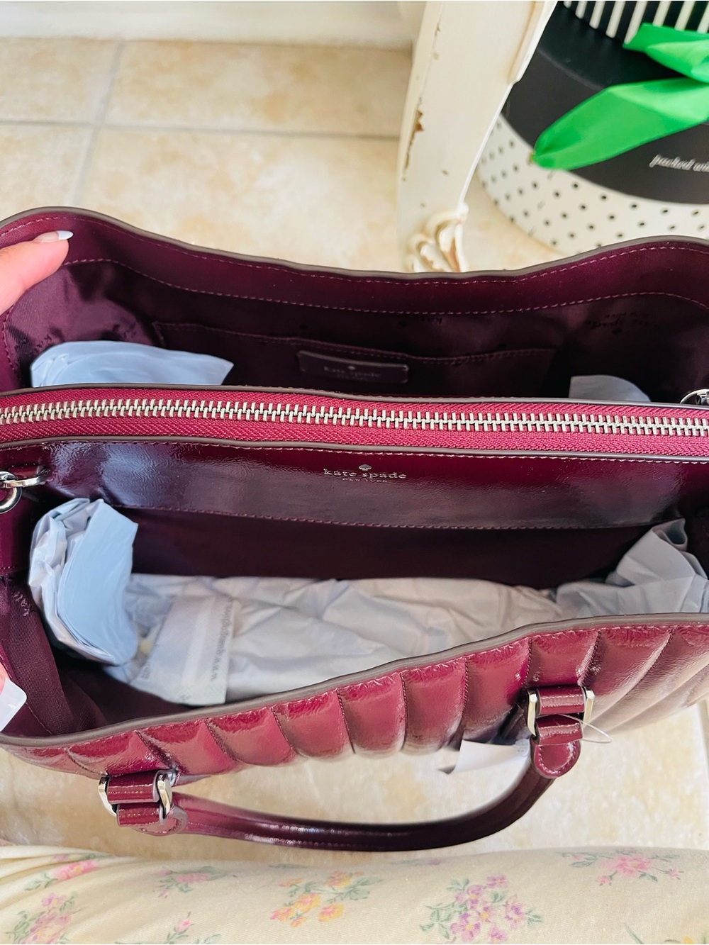 Kate Spade New York Thompson Street Shiny Quilted Satchel Bag Burgundy - Picture 8 of 16